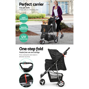 i.Pet 3 Wheel Pet Dog Stroller - Black Aus