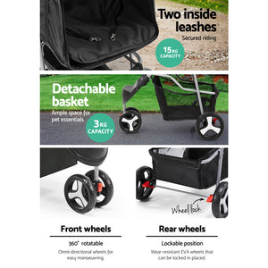 i.Pet 3 Wheel Pet Dog Stroller - Black Aus