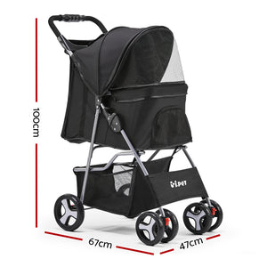 i.Pet 4 Wheel Pet Dog Stroller - Black Aus