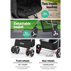 i.Pet 4 Wheel Pet Dog Stroller - Black Aus