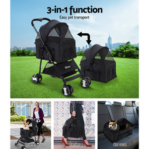 i.Pet Pet Stroller Dog Carrier Foldable Pram 3 IN 1 Middle Size Black Aus