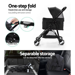 i.Pet Pet Stroller Dog Carrier Foldable Pram 3 IN 1 Middle Size Black Aus