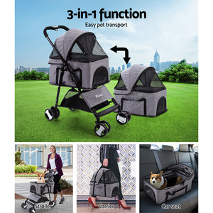 i.Pet Pet Stroller Dog Carrier Foldable Pram 3 IN 1 Middle Size Grey Aus