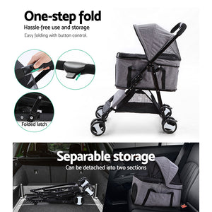 i.Pet Pet Stroller Dog Carrier Foldable Pram 3 IN 1 Middle Size Grey Aus