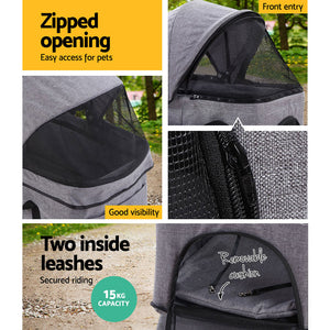 i.Pet Pet Stroller Dog Carrier Foldable Pram 3 IN 1 Middle Size Grey Aus