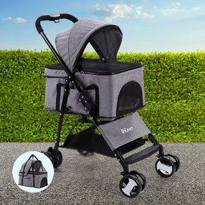 i.Pet Pet Stroller Dog Carrier Foldable Pram 3 IN 1 Middle Size Grey Aus