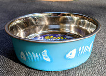 Load image into Gallery viewer, Cat Bowl by Bella Small Aqua Blue Fishbone Design Aus